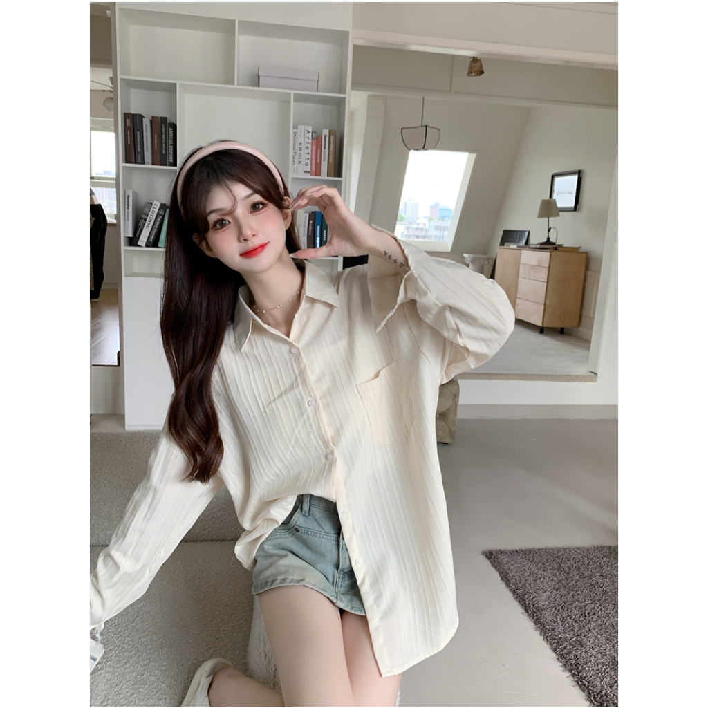 Lalisas Áo Sơ Mi cotton polyester Tay Dài Dáng Rộng Họa Tiết Kẻ Sọc Phong Cách Pháp Cho Nữ