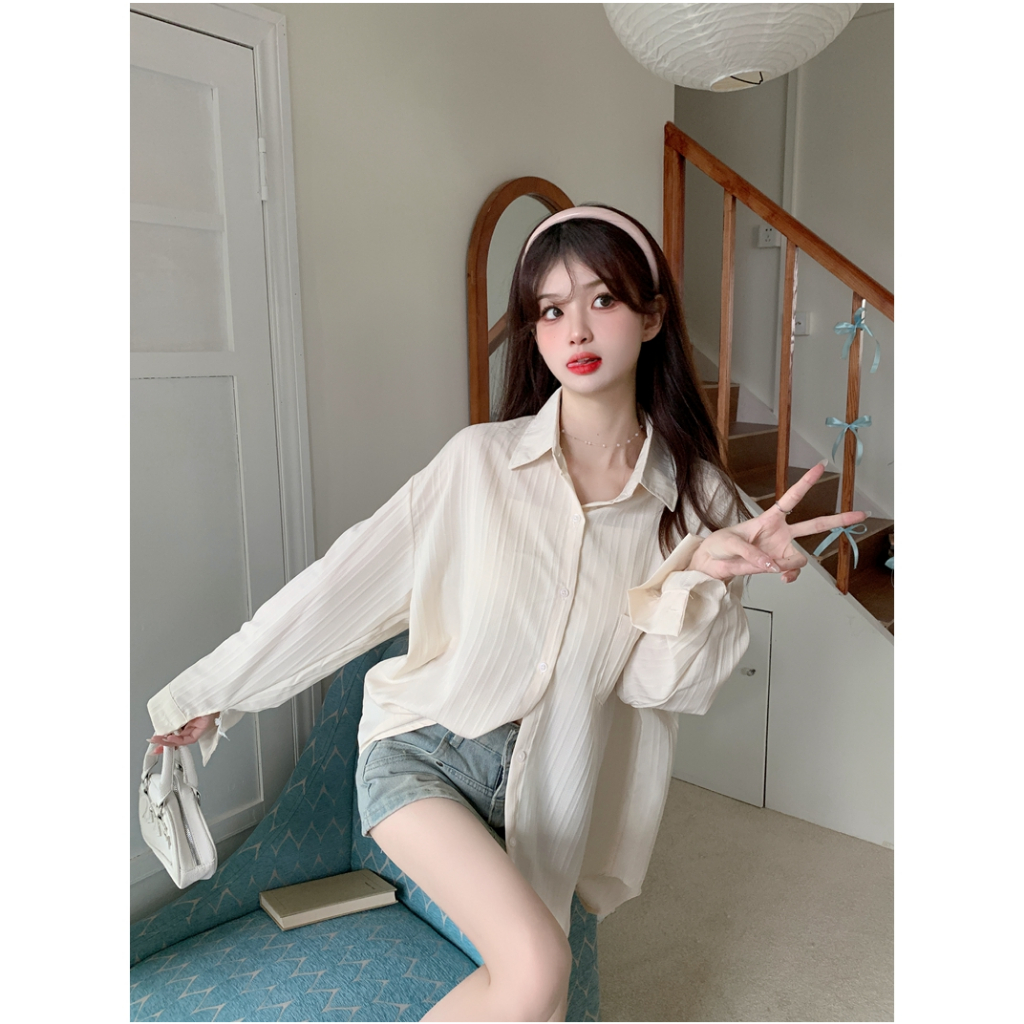 Lalisas Áo Sơ Mi cotton polyester Tay Dài Dáng Rộng Họa Tiết Kẻ Sọc Phong Cách Pháp Cho Nữ