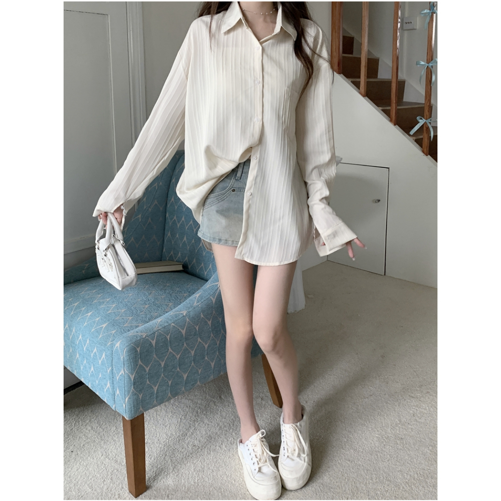 Lalisas Áo Sơ Mi cotton polyester Tay Dài Dáng Rộng Họa Tiết Kẻ Sọc Phong Cách Pháp Cho Nữ