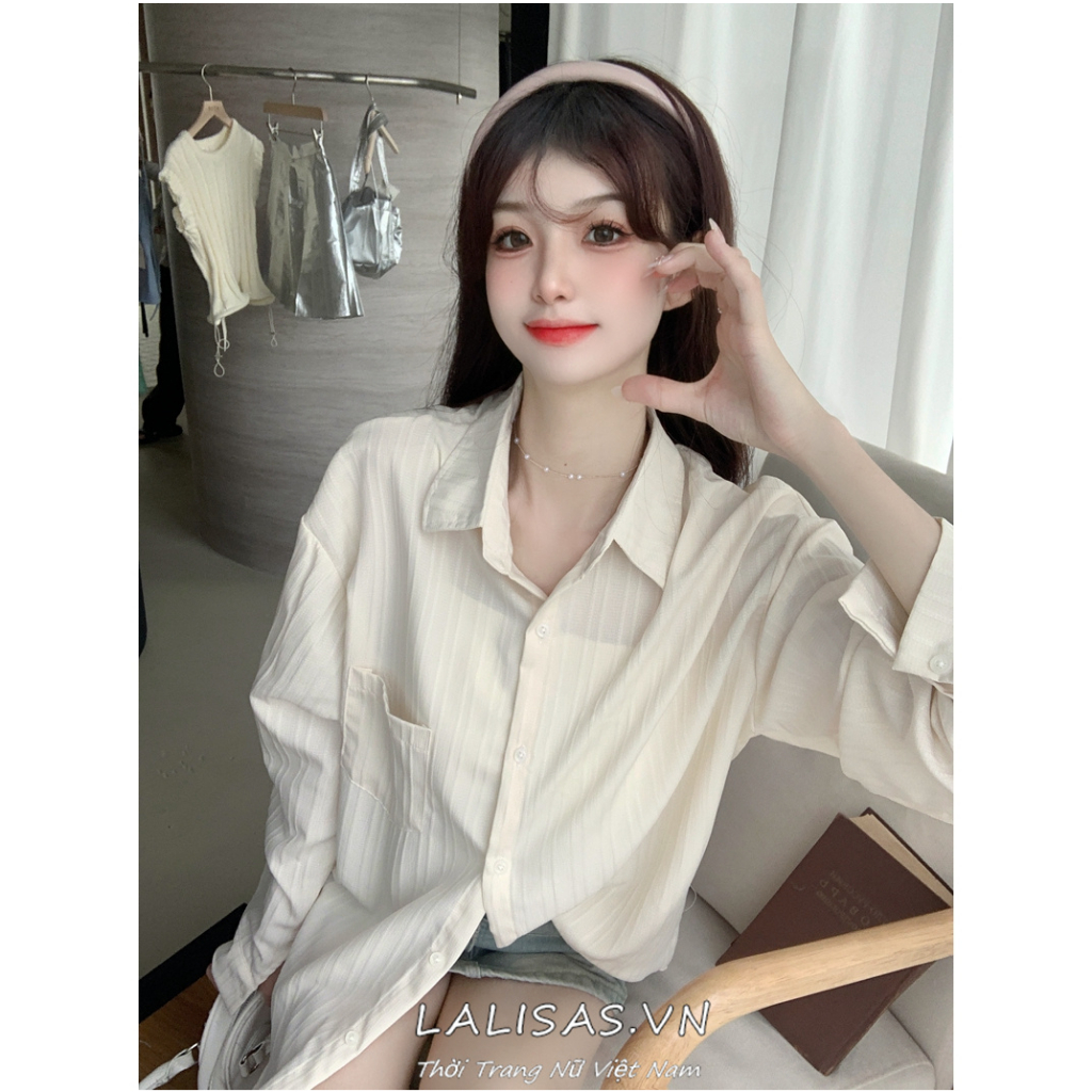 Lalisas Áo Sơ Mi cotton polyester Tay Dài Dáng Rộng Họa Tiết Kẻ Sọc Phong Cách Pháp Cho Nữ