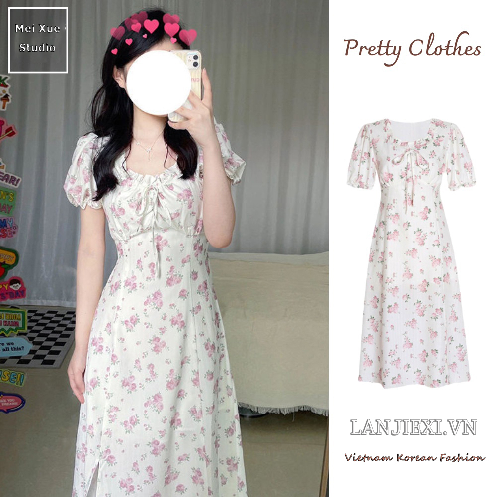 Váy Hoa Nhí Xẻ Tà Dáng Chữ A Tay Bồng Hai Lớp Dày Dặn Vintage