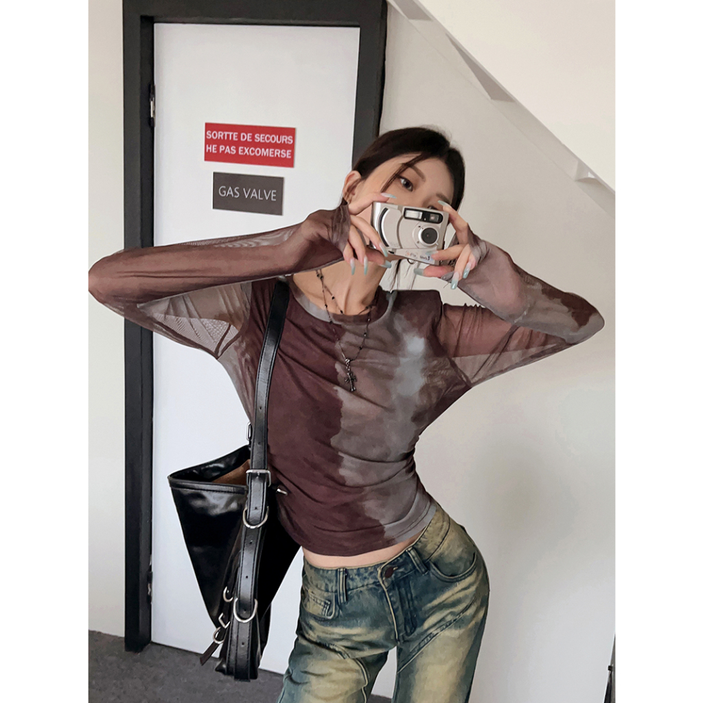 Lalisas Áo Thun Ngắn Mỏng Tay Dài Nhuộm Màu y2k Xếp Ly Chống Nắng Phong Cách Retro Cho Nữ