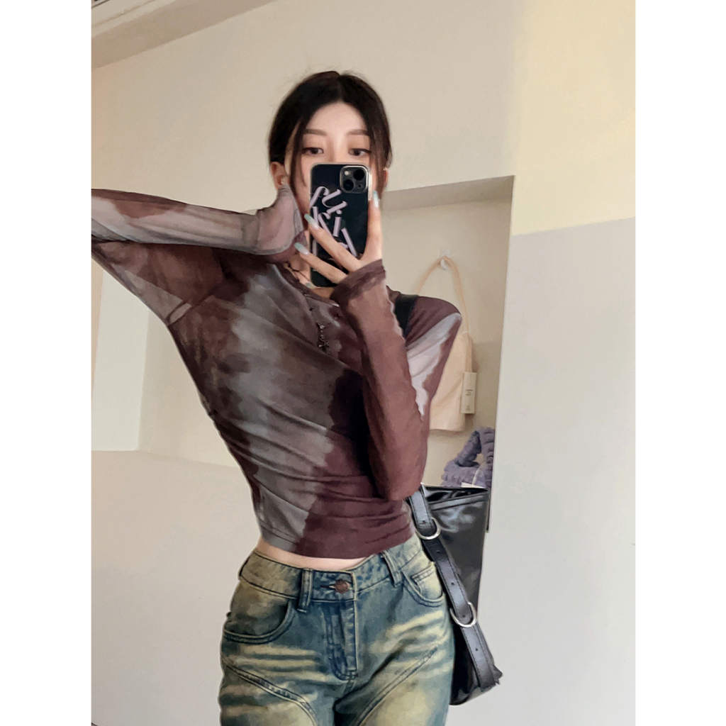 Lalisas Áo Thun Ngắn Mỏng Tay Dài Nhuộm Màu y2k Xếp Ly Chống Nắng Phong Cách Retro Cho Nữ