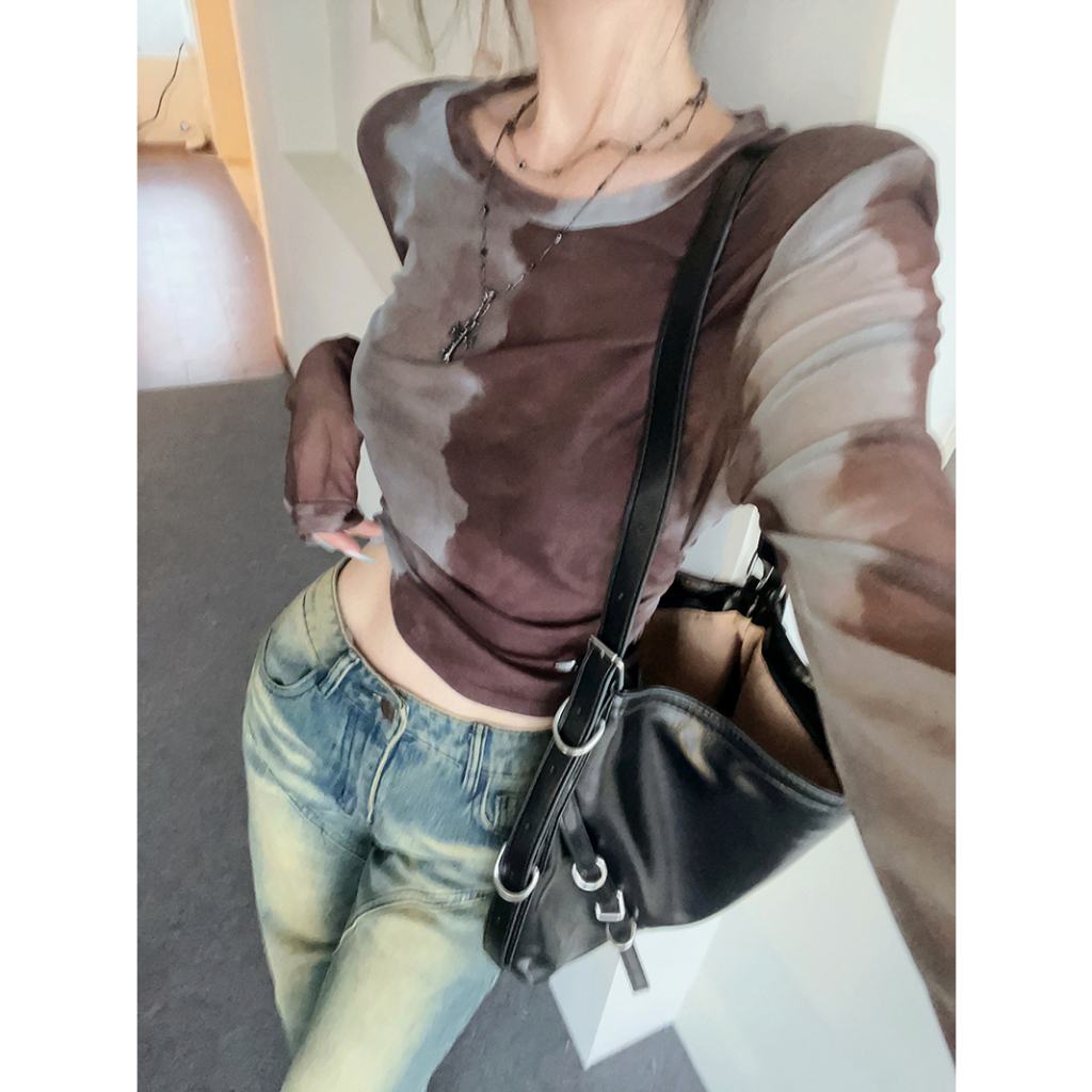 Lalisas Áo Thun Ngắn Mỏng Tay Dài Nhuộm Màu y2k Xếp Ly Chống Nắng Phong Cách Retro Cho Nữ