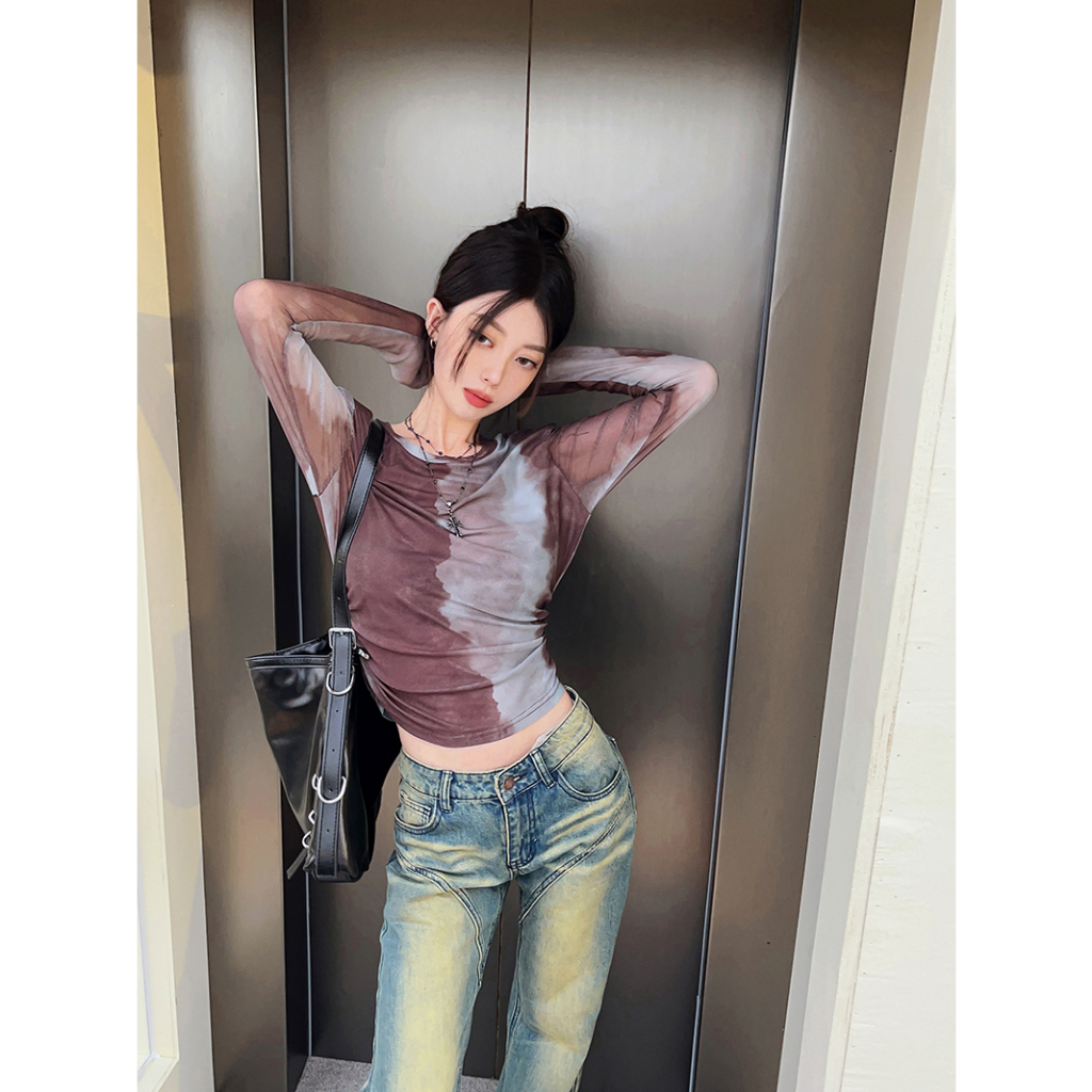 Lalisas Áo Thun Ngắn Mỏng Tay Dài Nhuộm Màu y2k Xếp Ly Chống Nắng Phong Cách Retro Cho Nữ