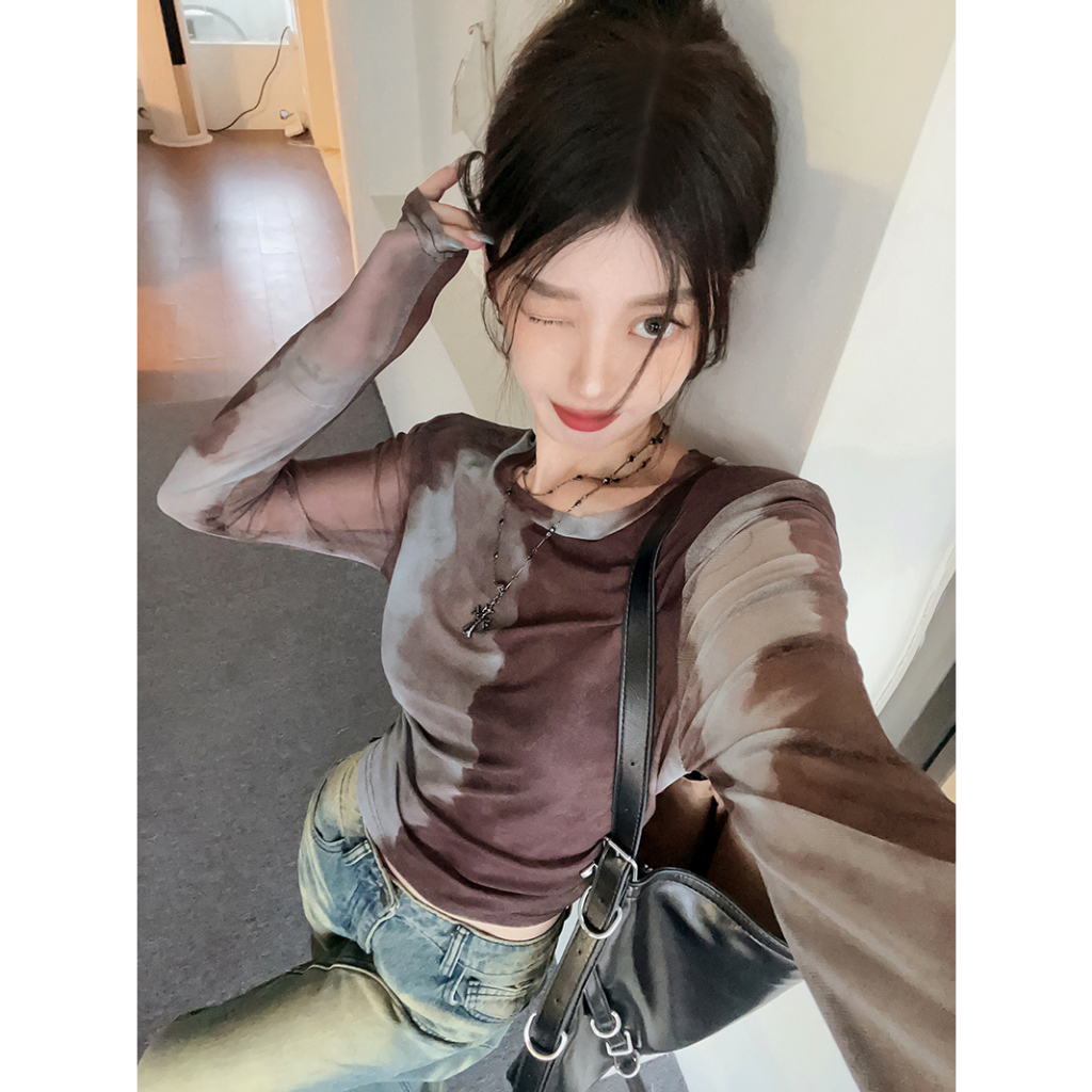 Lalisas Áo Thun Ngắn Mỏng Tay Dài Nhuộm Màu y2k Xếp Ly Chống Nắng Phong Cách Retro Cho Nữ