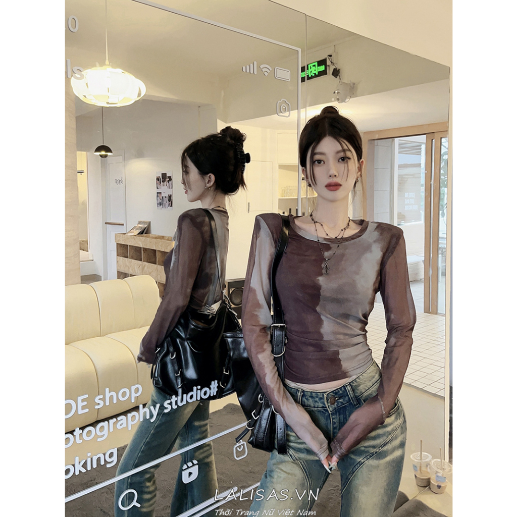 Lalisas Áo Thun Ngắn Mỏng Tay Dài Nhuộm Màu y2k Xếp Ly Chống Nắng Phong Cách Retro Cho Nữ