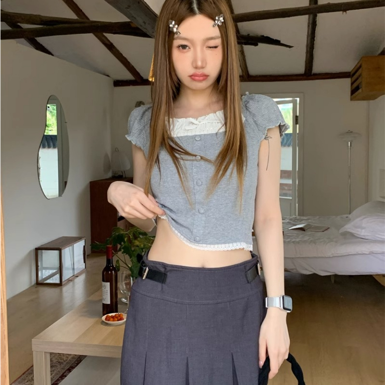 Áo Thun Ngắn Tay Phối Ren Giả Hai Lớp Phong Cách Hàn Quốc Thời Trang Mùa Hè Dành Cho Nữ áo thun ôm