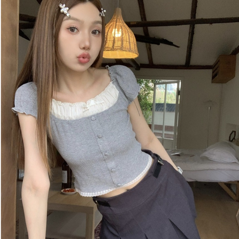 Áo Thun Ngắn Tay Phối Ren Giả Hai Lớp Phong Cách Hàn Quốc Thời Trang Mùa Hè Dành Cho Nữ áo thun ôm