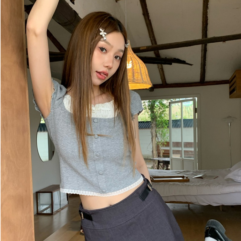 Áo Thun Ngắn Tay Phối Ren Giả Hai Lớp Phong Cách Hàn Quốc Thời Trang Mùa Hè Dành Cho Nữ áo thun ôm