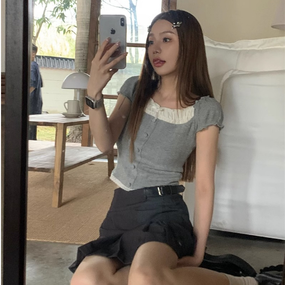 Áo Thun Ngắn Tay Phối Ren Giả Hai Lớp Phong Cách Hàn Quốc Thời Trang Mùa Hè Dành Cho Nữ áo thun ôm