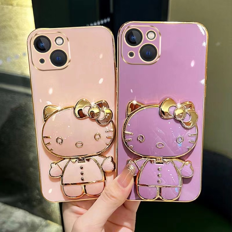 Ốp lưng Samsung S20 FE S21 ultra S8 S8 Plus S9 S9 Plus S10 Plus Thẳng biên giới ngã xoay trang điểm gương phim hoạt hình mèo đứng trường hợp điện thoại