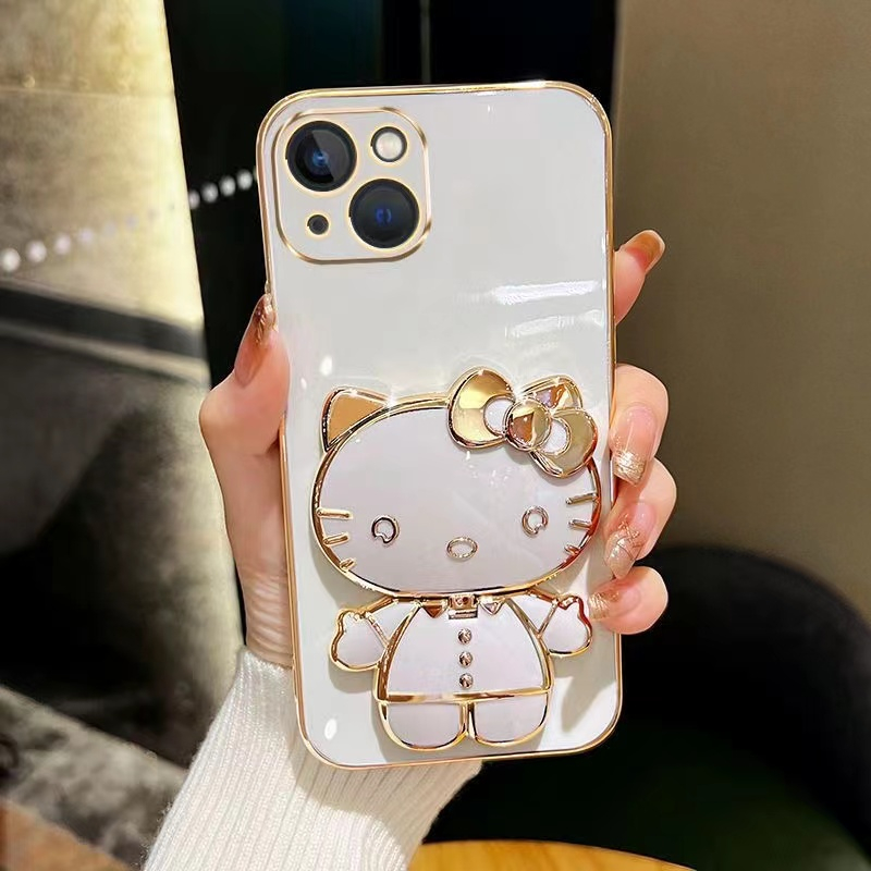 Ốp lưng Samsung S20 FE S21 ultra S8 S8 Plus S9 S9 Plus S10 Plus Thẳng biên giới ngã xoay trang điểm gương phim hoạt hình mèo đứng trường hợp điện thoại