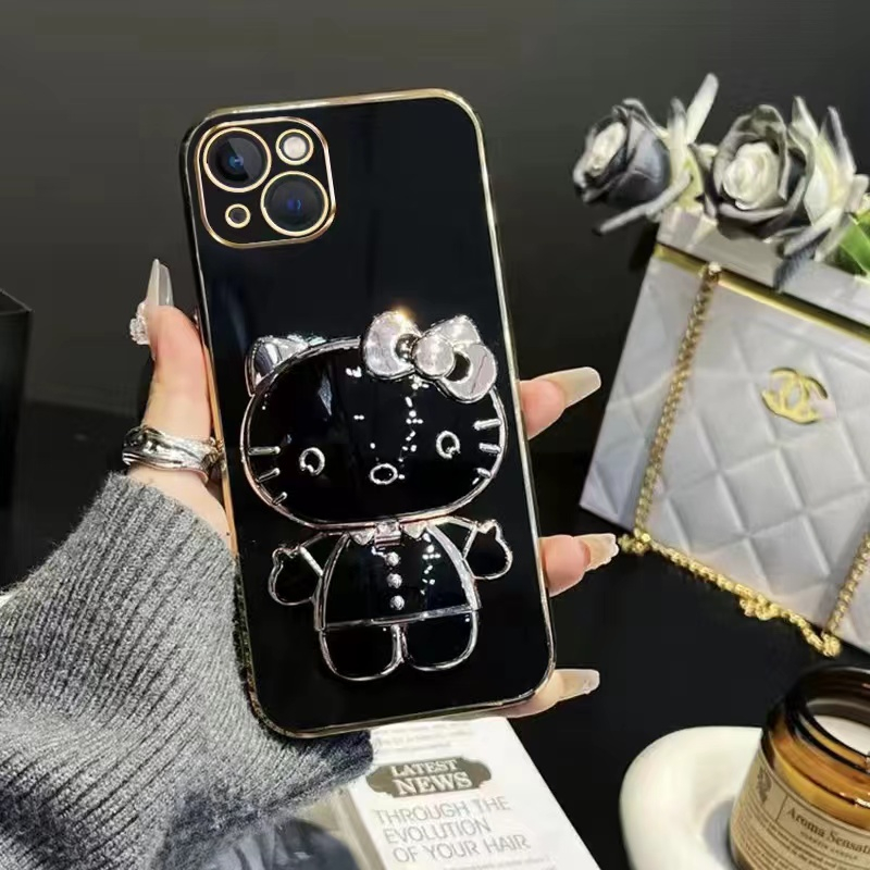 Ốp lưng Samsung S20 FE S21 ultra S8 S8 Plus S9 S9 Plus S10 Plus Thẳng biên giới ngã xoay trang điểm gương phim hoạt hình mèo đứng trường hợp điện thoại