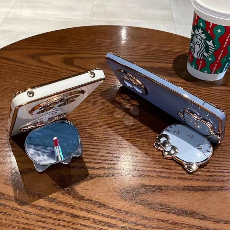 Ốp lưng Samsung S20 FE S21 ultra S8 S8 Plus S9 S9 Plus S10 Plus Thẳng biên giới ngã xoay trang điểm gương phim hoạt hình mèo đứng trường hợp điện thoại