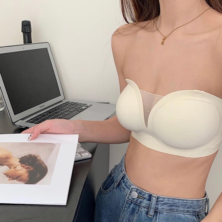 Migeyoupin Áo Lót Dạng Ống Thạch Latex Không Dây Vô Hình Công Nghệ Màu Đen Cho Nữ
