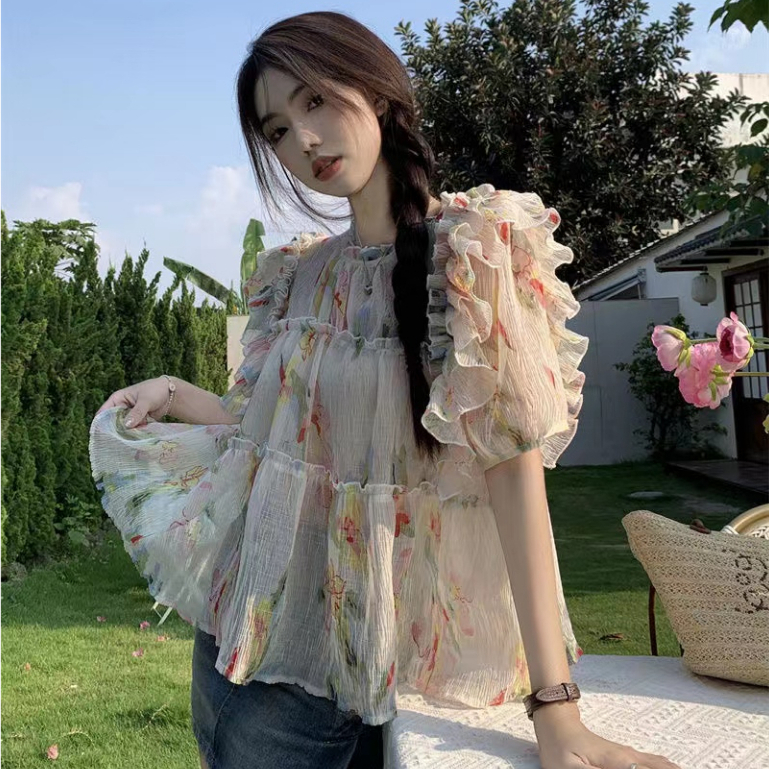 Áo Kiểu Cổ Đứng Tay Phồng In Hoa Phối Bèo Kiểu retro Hàn Quốc Xinh Xắn Cho Nữ