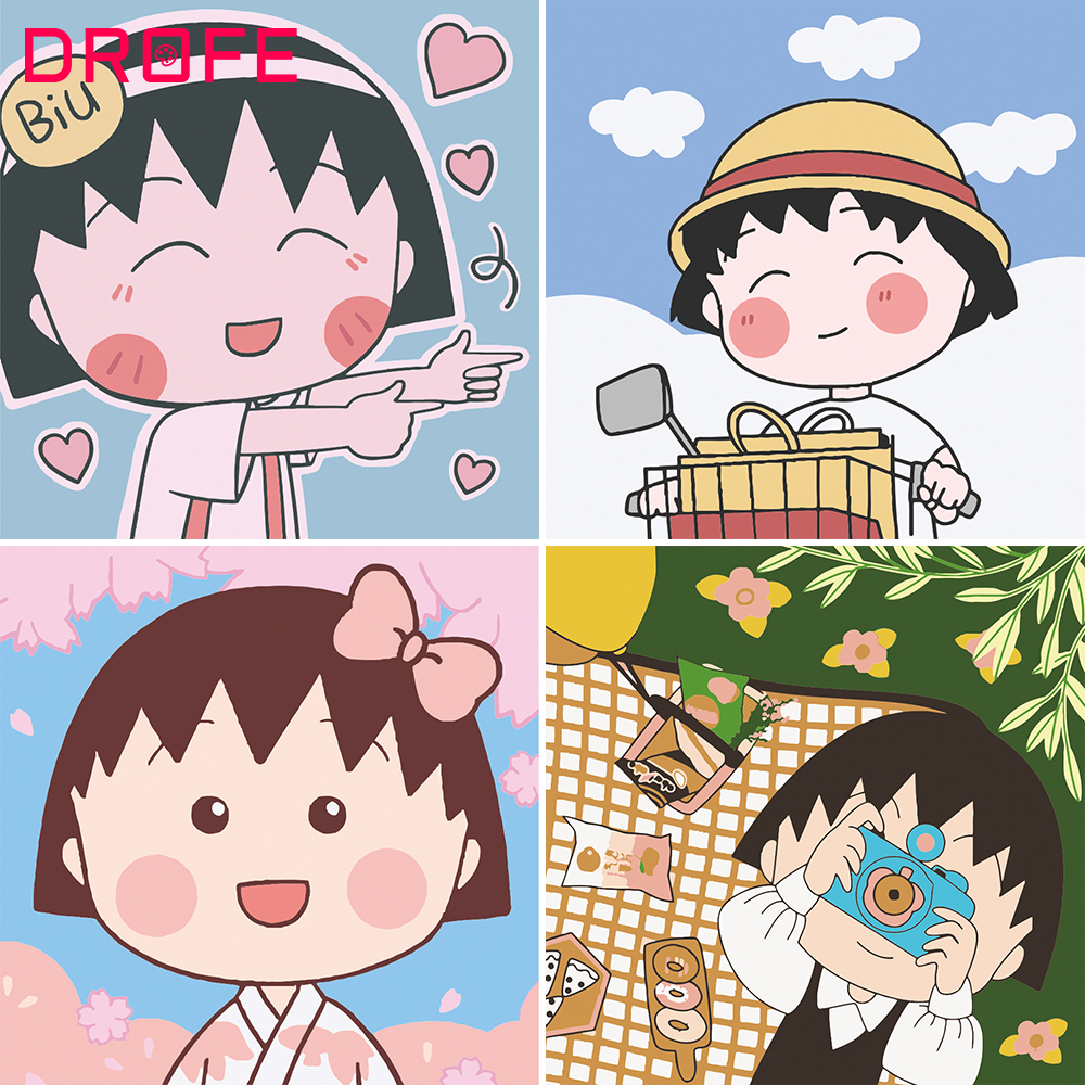 Bộ tranh số hóa DROFE tự làm 20 * 20cm hình Chibi Maruko Chan có khung cho trẻ em