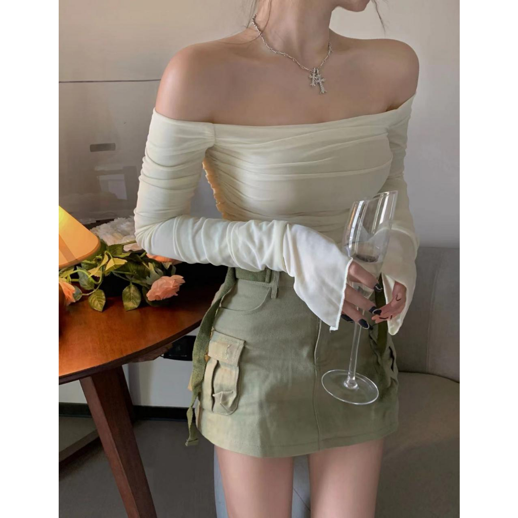 Áo Thun Tay Dài Trễ Vai Xếp Ly Dáng Ôm Kiểu Pháp Xinh Xắn Cho Bạn Gái