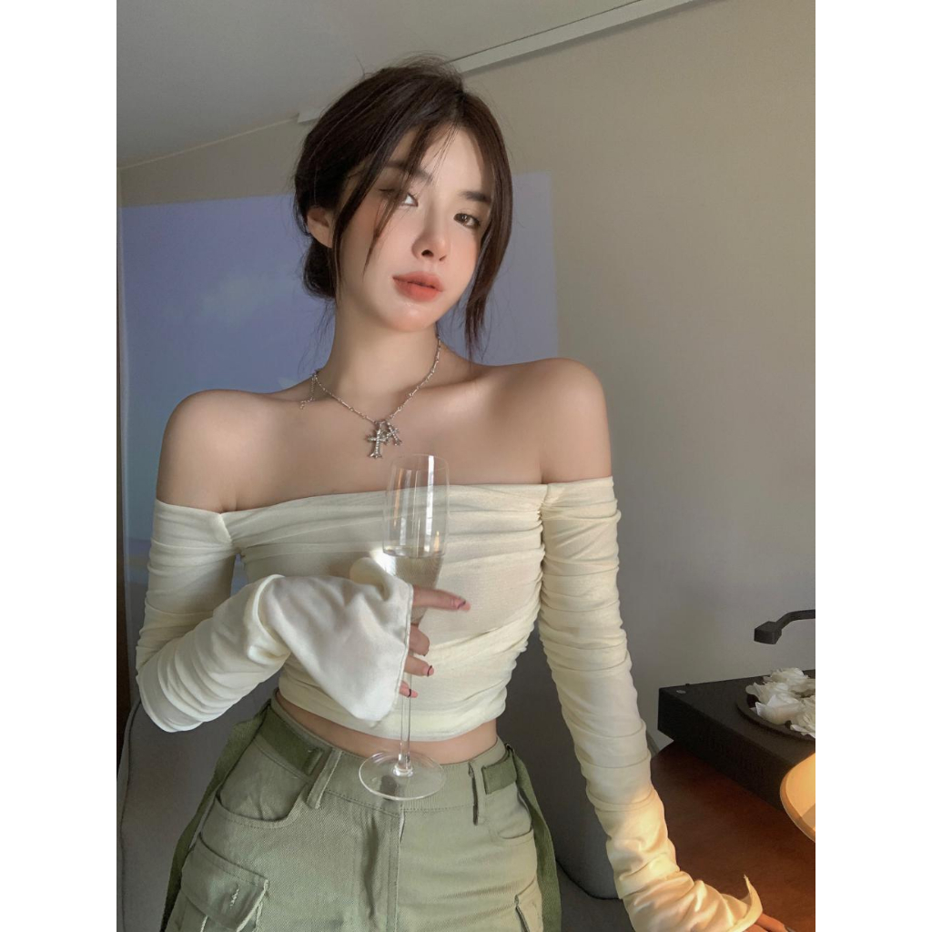 Áo Thun Tay Dài Trễ Vai Xếp Ly Dáng Ôm Kiểu Pháp Xinh Xắn Cho Bạn Gái