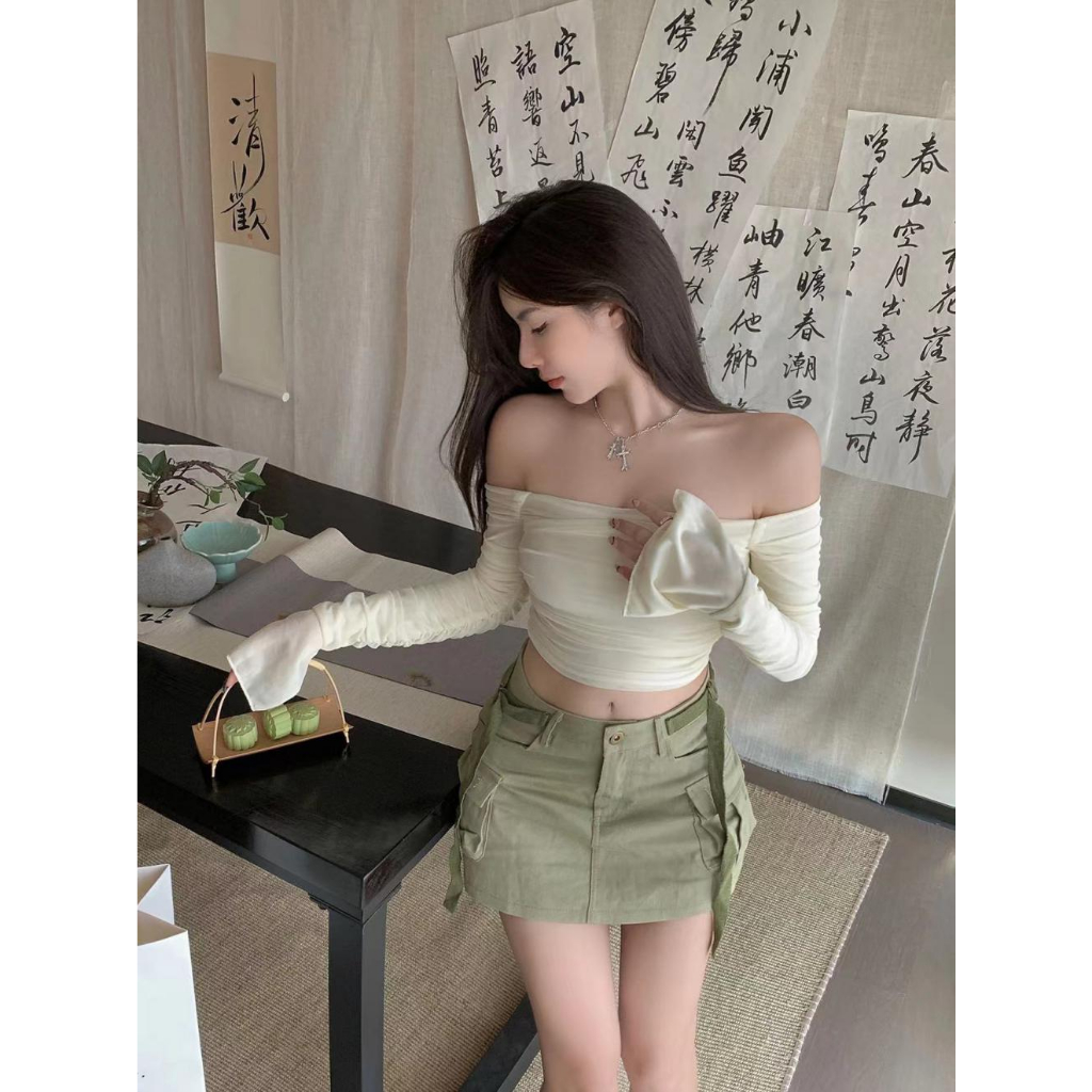 Áo Thun Tay Dài Trễ Vai Xếp Ly Dáng Ôm Kiểu Pháp Xinh Xắn Cho Bạn Gái