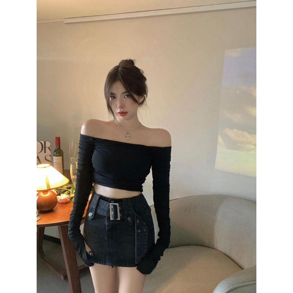 Áo Thun Tay Dài Trễ Vai Xếp Ly Dáng Ôm Kiểu Pháp Xinh Xắn Cho Bạn Gái