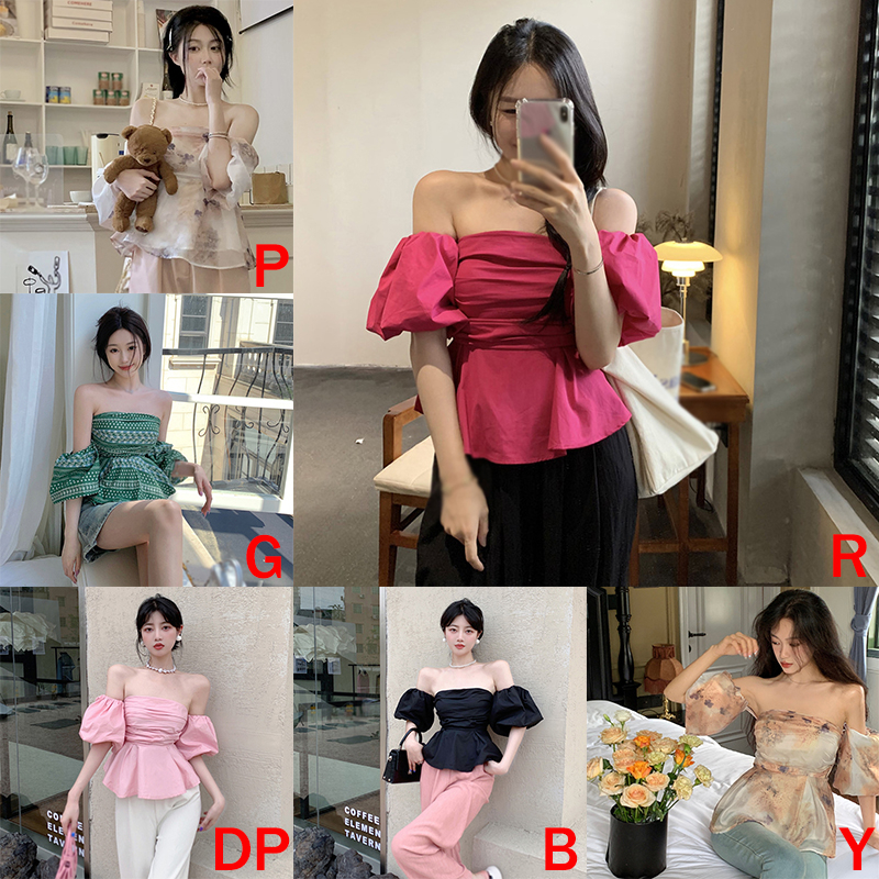 Áo Croptop Trễ Vai Tay Ngắn Hoạ Tiết In Thiết Kế Quyến Rũ