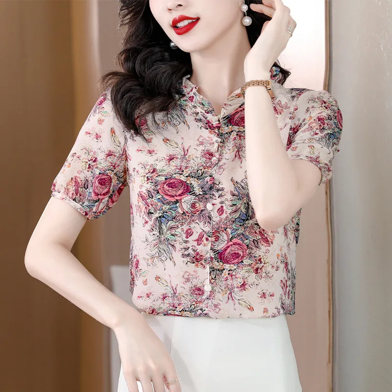 Áo Sơ Mi Voan Hoa Ngắn Tay Thời Trang Dành Cho Nữ