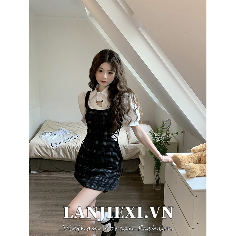 Set đồ LANJIEXI gồm áo tay phồng và đầm lưng cao họa tiết sọc caro phong cách cổ điển quyến rũ (Có bán lẻ)