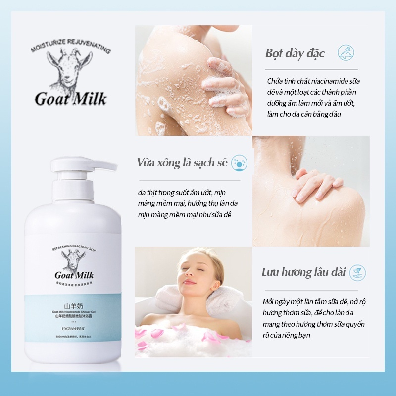 Gel Tắm Sữa Dê 800ml Dưỡng Ẩm Làm Trắng Da Lâu Trôi Hương Sữa Dê Thêm Làm Đều Tông Màu Da