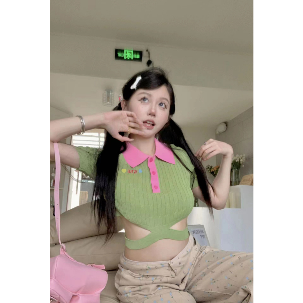 「 WELOVE1 」Áo Dệt Kim Ngắn Tay Cổ Polo Phối Màu Tương Phản Cá Tính Cho Nữ
