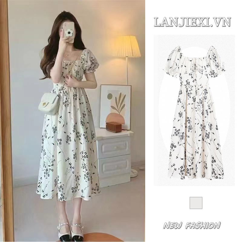 LANJIEXI Đầm Tay Phồng Lưng Cao Dáng Dài Nhấn Eo Xinh Xắn Quyến Rũ Cho Nữ