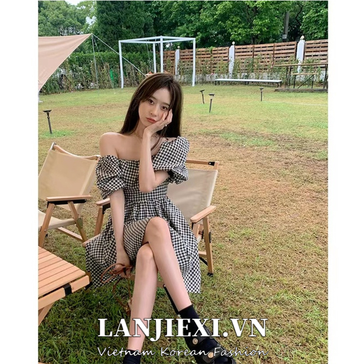 LANJIEXI Đầm Tay Phồng Cổ Vuông Form Ôm Phong Cách Retro Quyến Rũ