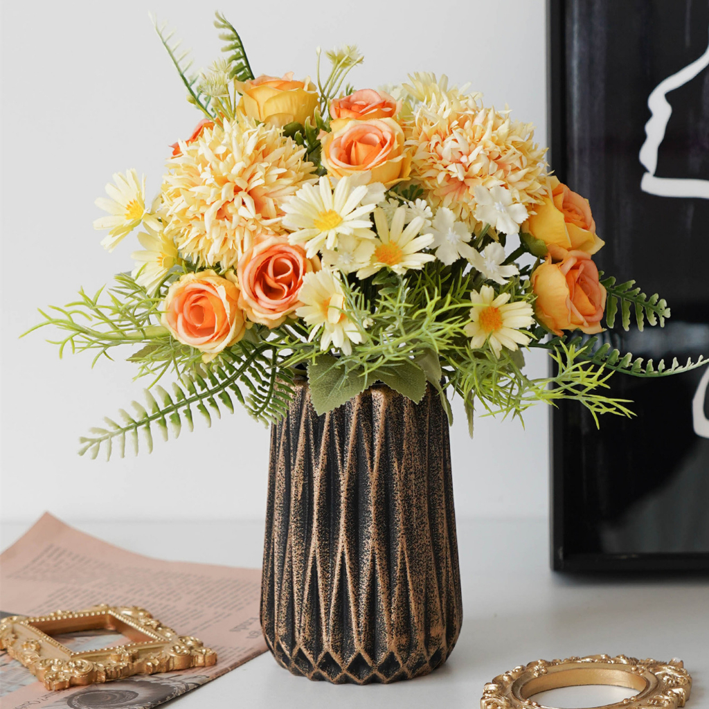 Bình Hoa Bằng Nhựa Giả Gốm Sứ Màu Vàng Đen Hình Thang Phong Cách Bắc Âu Trang Trí Nhà Cửa / Tiệc Cưới