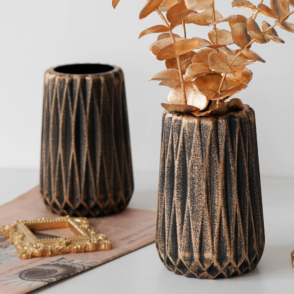 Bình Hoa Bằng Nhựa Giả Gốm Sứ Màu Vàng Đen Hình Thang Phong Cách Bắc Âu Trang Trí Nhà Cửa / Tiệc Cưới