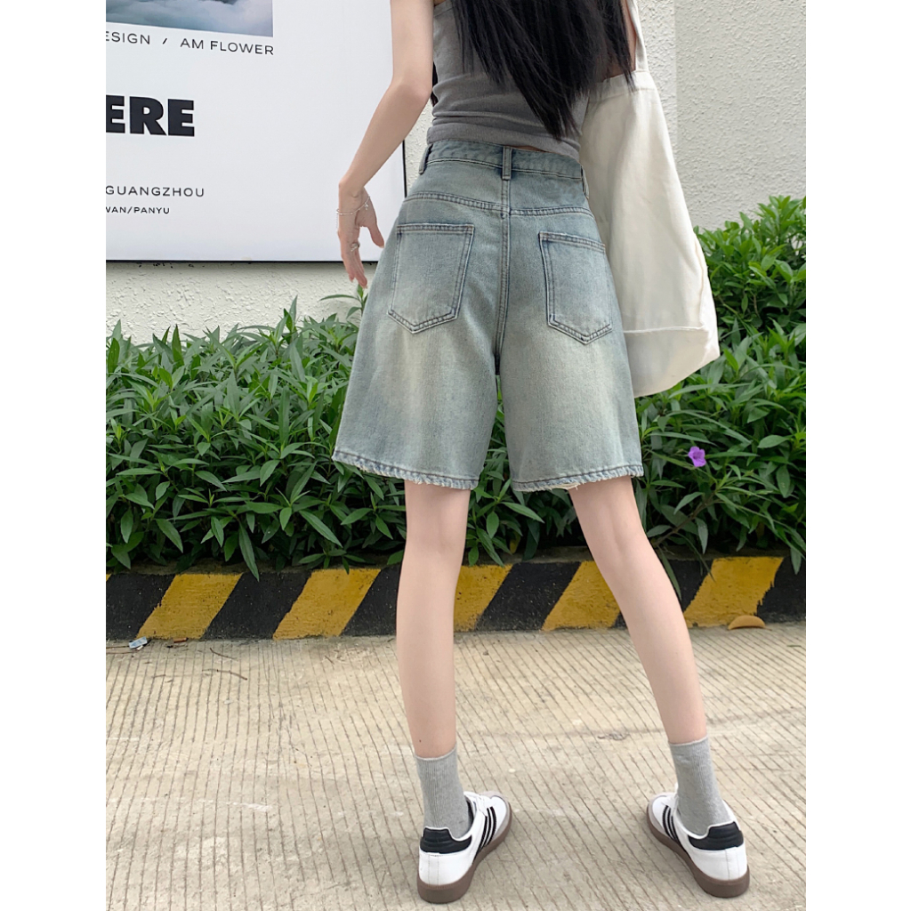 Xiaozhainv Quần Short Jean Nữ Lưng Cao Ống Rộng Kiểu Dáng Retro Thời Trang