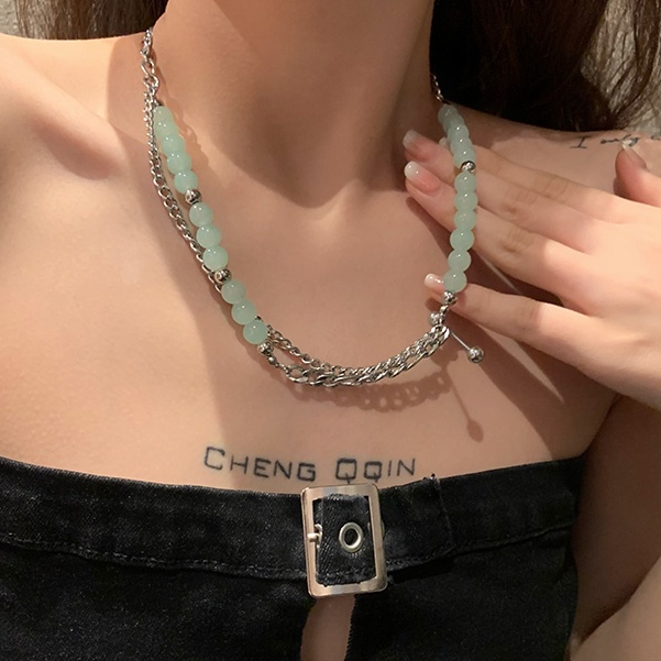 Vòng cổ đính cườm màu xanh lá cây thời trang INS cho nữ Thiết kế khâu kiểu Hàn Quốc Vòng cổ cá tính thời trang