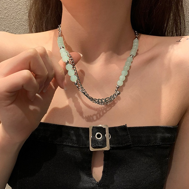 Vòng cổ đính cườm màu xanh lá cây thời trang INS cho nữ Thiết kế khâu kiểu Hàn Quốc Vòng cổ cá tính thời trang