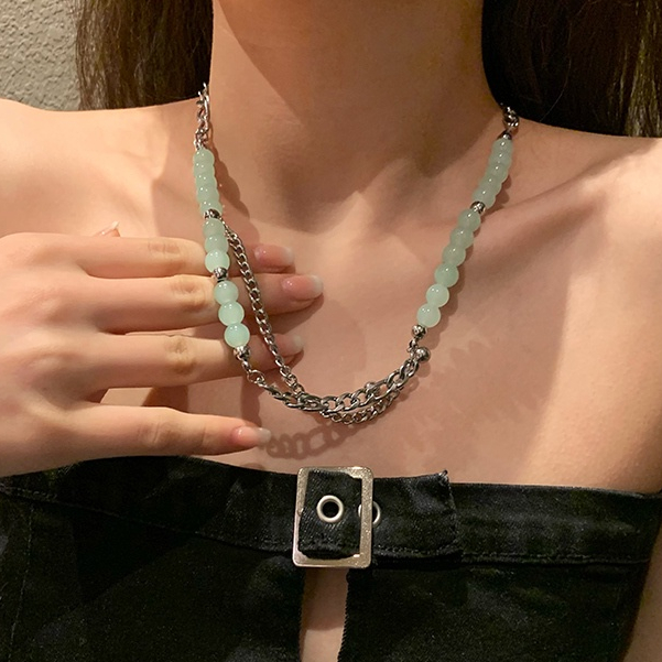 Vòng cổ đính cườm màu xanh lá cây thời trang INS cho nữ Thiết kế khâu kiểu Hàn Quốc Vòng cổ cá tính thời trang