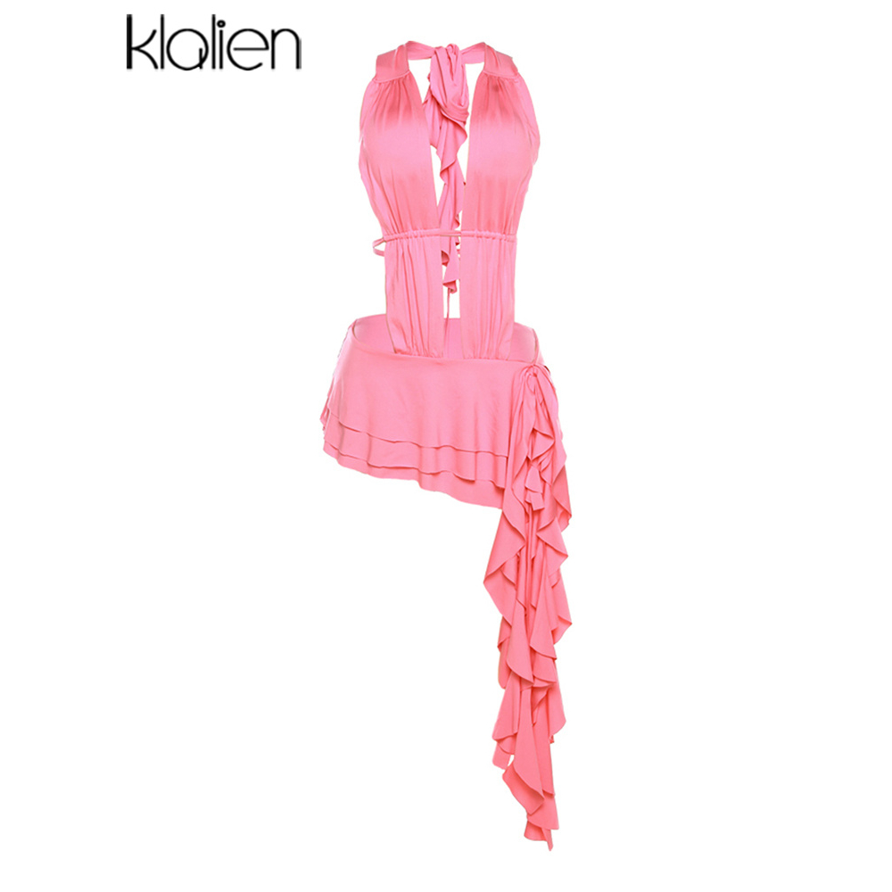 Klalien Đầm Mini Hai Dây Dáng Chữ A Ôm Sát Hở Lưng Phối Dây Cột Gợi Cảm Cho Bạn Gái