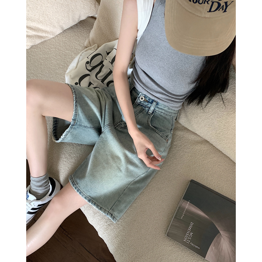 Xiaozhainv Quần Short Jean Nữ Lưng Cao Ống Rộng Kiểu Dáng Retro Thời Trang