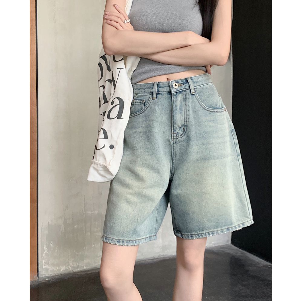 Xiaozhainv Quần Short Jean Nữ Lưng Cao Ống Rộng Kiểu Dáng Retro Thời Trang