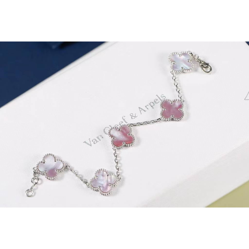 Phiên bản igh :our-lá cỏ ba lá năm vòng tay hoa phụ nữ màu hồng mã não thời trang món quà