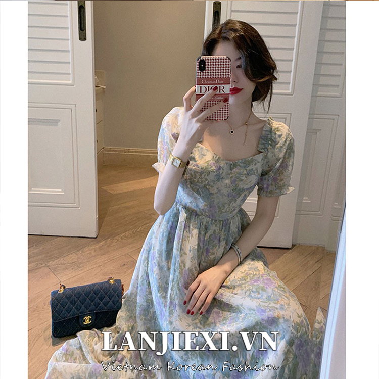 LANJIEXI Đầm Hoa Tay Phồng Cổ Vuông Nhấn Eo Xinh Xắn Thời Trang Cho Nữ