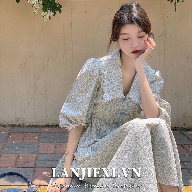 LANJIEXI Đầm Tay Phồng Cổ Búp Bê Họa Tiết Hoa Phong Cách Retro