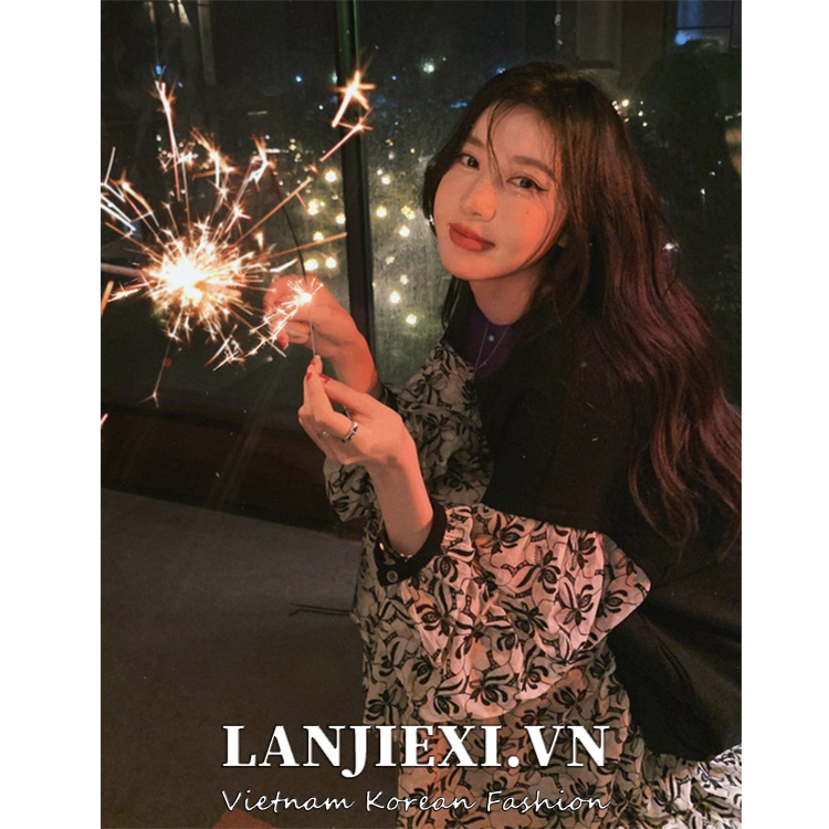 Đầm hoa LANJIEXI giả hai mảnh lưng cao ôm dáng thời trang Pháp