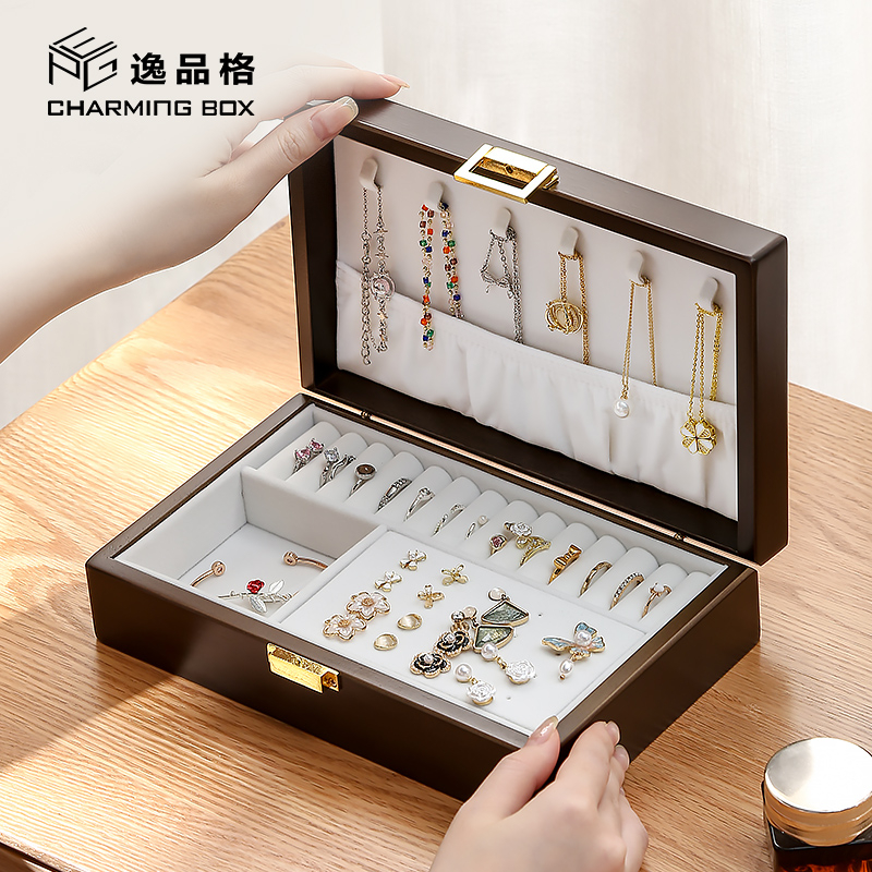 Hộp đựng trang sức CASEGRACE hình chữ nhật bằng gỗ phối nhung sang trọng thời trang cao cấp