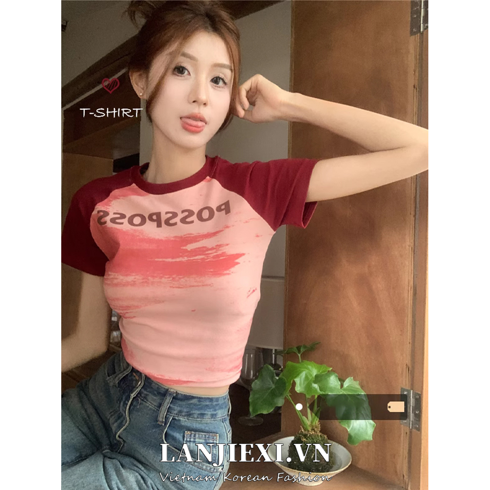 LANJIEXI Cô gái nóng bỏng người Mỹ nhấn màu áo thun ngắn tay cổ tròn mùa hè thích hợp bó sát dưới đáy áo sơ mi nữ bên trong mỏng hàng đầu
