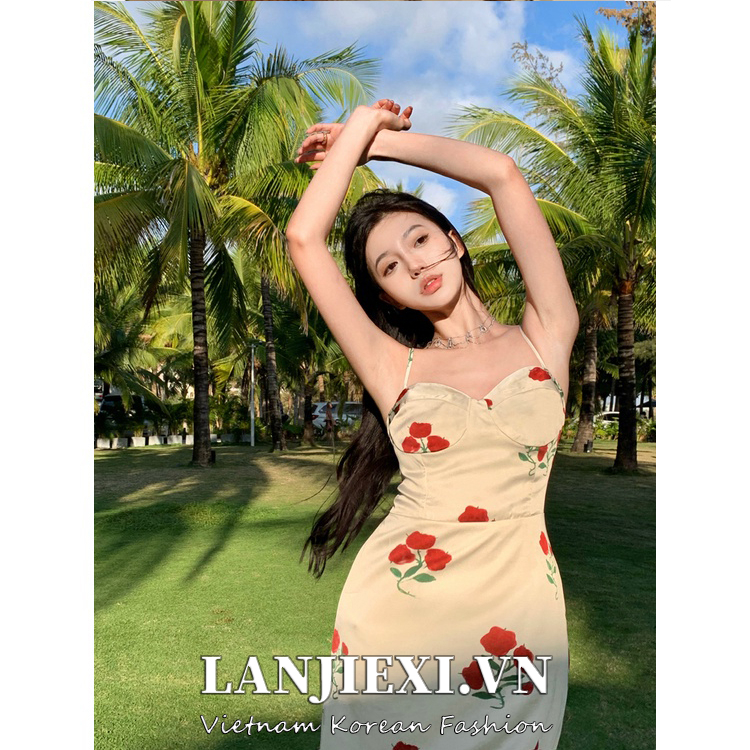 LANJIEXI Đầm Hai Dây Dáng Dài Ôm Eo Họa Tiết Hoa Hồng Phong Cách Retro Pháp