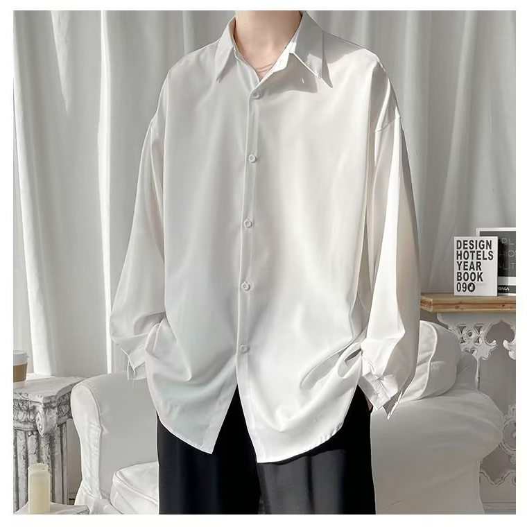 Áo Sơ Mi Lụa Lạnh Màu Trơn Tay Dài Dáng Rộng Thời Trang Mùa Hè Hàn Quốc 2023 Cho Nam